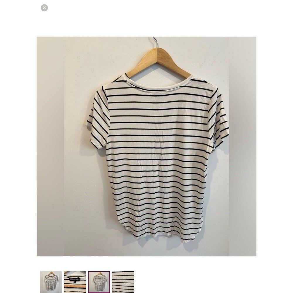 WANTABLE Striped High Low Tee Olive Green Navy Blue Crew Neck Top Size Medium - Picture 2 of 7